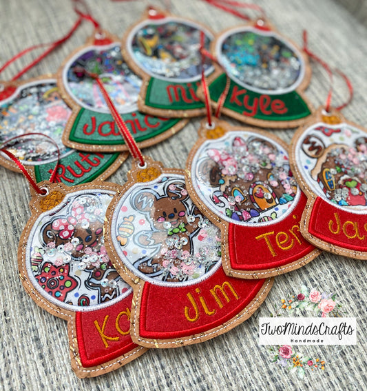 Snow globe shaker ornament/bookmark (Red Fabric Background) MADE TO ORDER