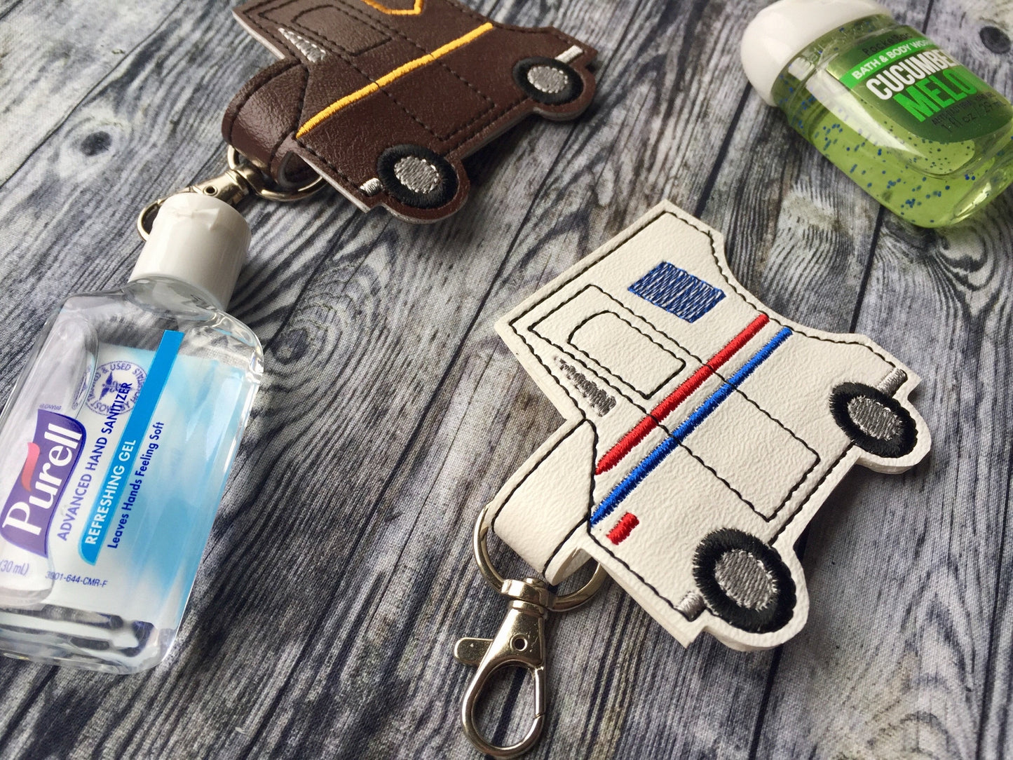 White and brown mail truck hand sanitizer holder (READY TO SHIP)